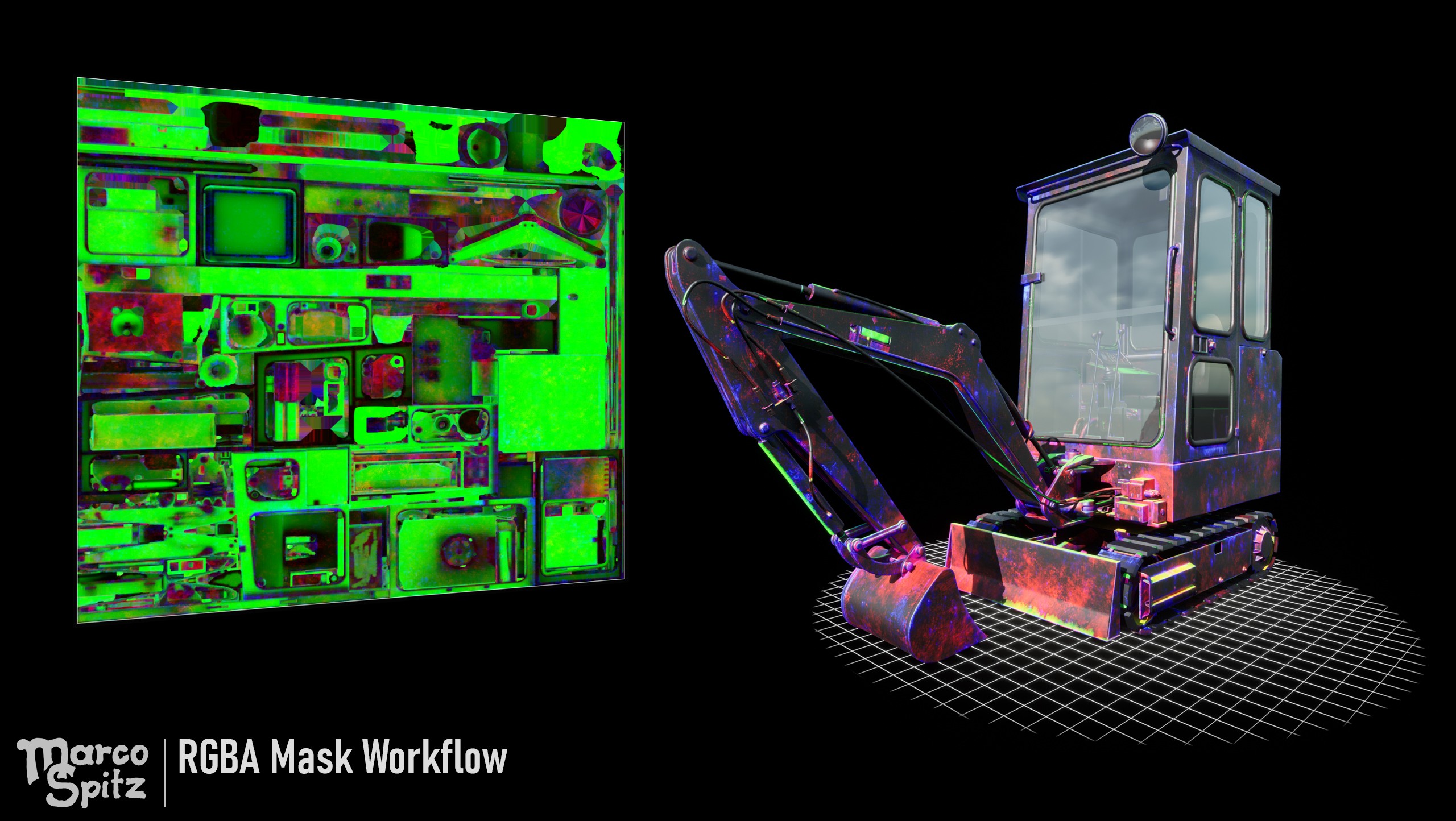 Excavator model showing RGBA mask workflow